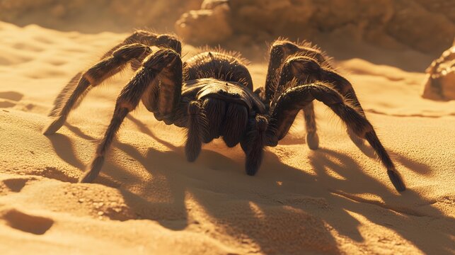 Large hairy tarantula spider crawling on textured sandy desert ground under bright natural sunlight