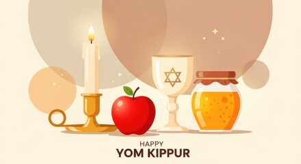 Naklejka premium Illustration of yom kippur with candle apple honey jar and goblet against a light background