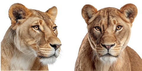 Obraz premium Majestic Lioness Portrait Duo Isolated on White Showcasing Powerful Graceful Expressions With Striking Details