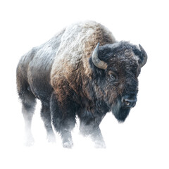 Close-up of a bison covered in snow