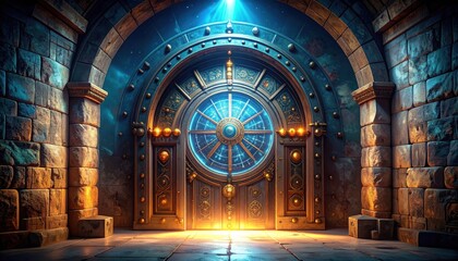 Obraz premium Ornate Golden Door of Ancient Stone Vault with Blue Light Illuminating Geometric Details
