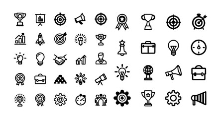 Business Success Line Icon Set – Thin Linear Vector Pictograms of Trophy Award, Bullseye Target, Business Deal, Startup, Briefcase, Innovation Idea, Time Management, and Marketing Strategy