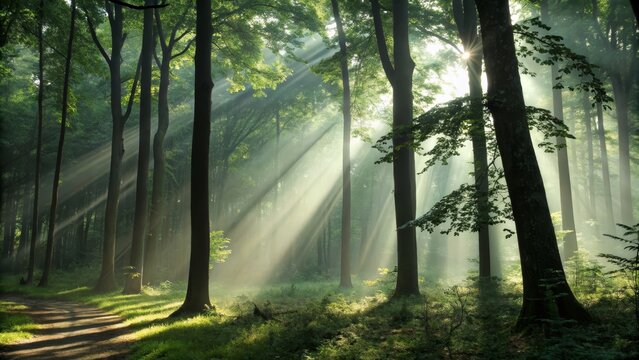 Sunbeams in Misty Forest Landscape Photography, Crepuscular Rays, Path, Trees, Nature crepuscular rays, forest photography - Powered by Adobe