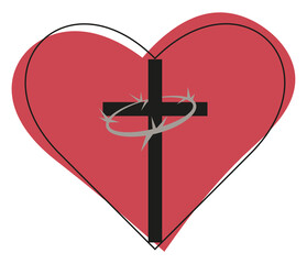 Crown of Thorns around the cross with red heart as a background