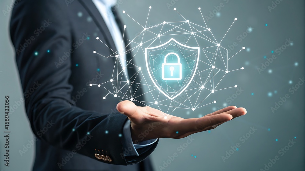 Poster man in suit presenting a digital security shield with interconnected nodes in the palm of his hand.