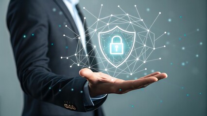 Man in suit presenting a digital security shield with interconnected nodes in the palm of his hand.