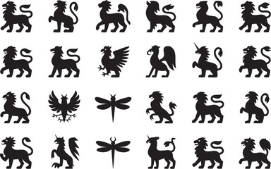 Fototapeta premium Heraldic Griffin Silhouette with Wings Spread on White Background mythical creature