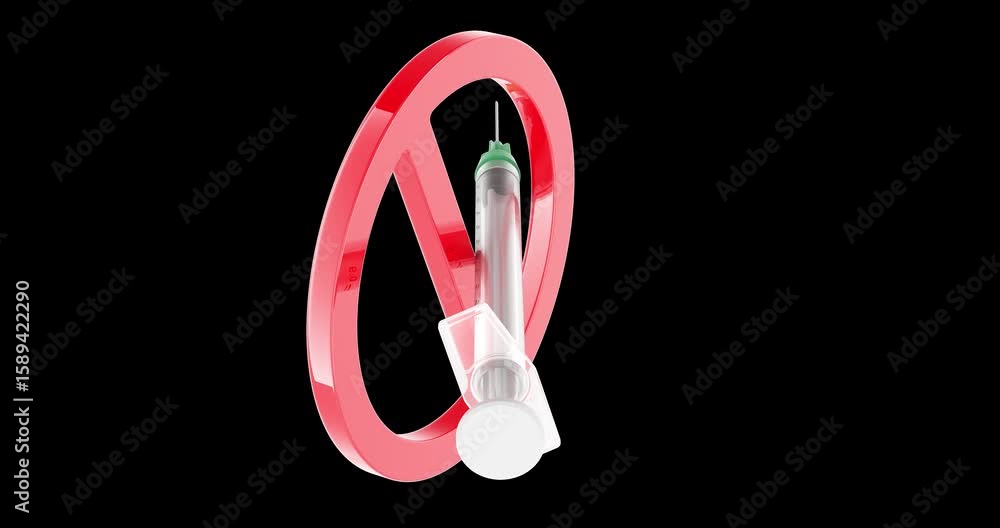 Poster medical syringe inside a red prohibited sign, rotation animation, seamlessly loopable. 3d rendering 