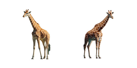 Obraz premium Two Giraffes Standing Gracefully, Isolated on a Clean White Background, Displaying Elegant Postures and Unique Patterns