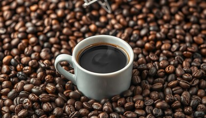 Fototapeta premium Steaming cup of black coffee nestled amongst roasted beans, brown, steam