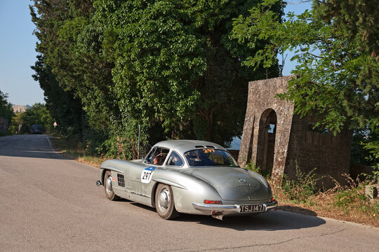 Vintage Mercedes Benz 300 SL W198 (1957) in classic car race Mille Miglia, on June 20, 2025 in Predappio, FC, Italy