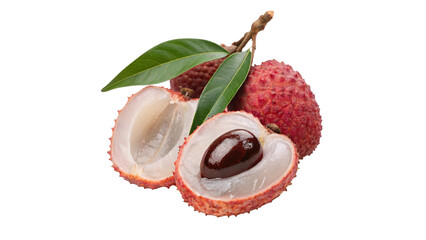 lychee with cut in half and leaves isolated on transparent background