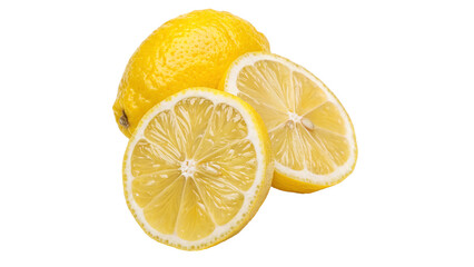 vibrant lemon slices with cut in half and leaves isolated on transparent background