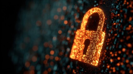 Digital Security Lock: An Orange Glowing Padlock Composed of Binary Code, Symbolizing Online Protection, Cyber Safety, and Data Encryption on a Dark Backdrop.