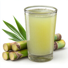 Photo of refreshing sugarcane juice in a glass with sugarcane sticks
