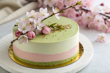 Elegant matcha green tea cake with salted sakura blossoms gourmet japanese dessert soft pink and green color balance serene tea room setting