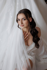 Bride posing elegantly with veil and wedding dress in a serene indoor setting