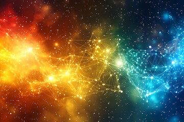 Futuristic network connection with colorful lines and dots, abstract technology background