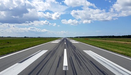 Fototapeta premium Airport runway under cloudy blue sky.
