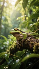 Obraz premium Close-up of a Green Tree Frog Sitting on a Mossy Branch in the Rainforest