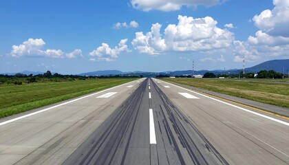 Fototapeta premium Airport runway with blue sky and clouds.