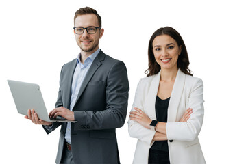 Professional Business Team: Smiling Man and Woman with Laptop, isolated on a Transparent Background.