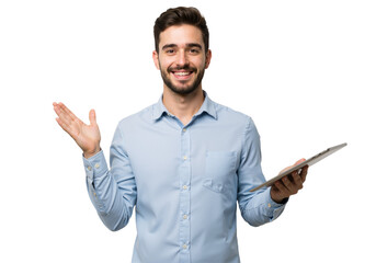 Portrait of a Smiling Businessman with Tablet: Professional Business Concept, isolated on a Transparent Background PNG.
