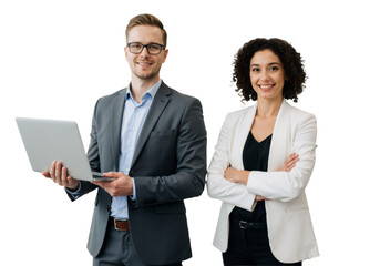 Professional Business Team: Smiling Man and Woman with Laptop, isolated on a Transparent Background.
