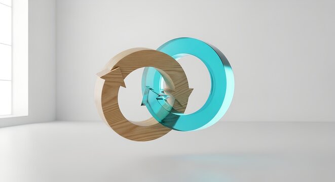 Two interlocking recycle arrows, one natural wood and one translucent cyan glass, floating in a bright, minimalist room, symbolizing New Emblems of Regeneration and sustainable circular economy. - Powered by Adobe