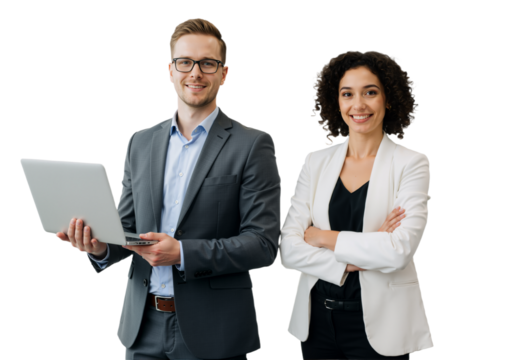 Professional Business Team: Smiling Man and Woman with Laptop, isolated on a Transparent Background.
