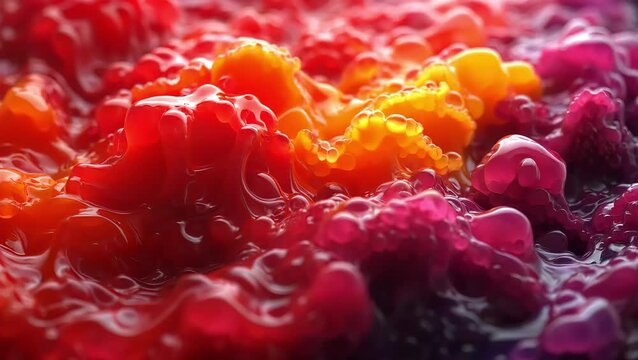 viscous, thick, gelatinous, bright substance with bubbles, undulating waves of multi-colored textures in shades of red, orange and purple
