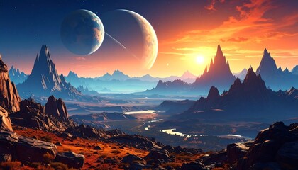 Alien landscape with planets at sunset.