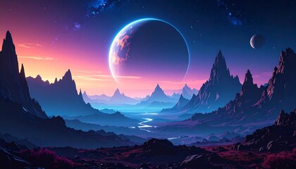 Alien planet landscape with planets and stars.