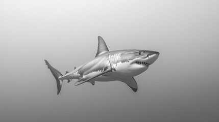 Fototapeta premium Monochrome underwater photo of a great white shark swimming.