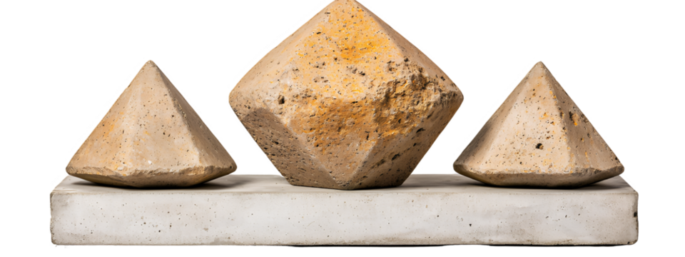Beige Cone and Octahedron Geometric Figures on Concrete Stand Isolated on Transparent Background