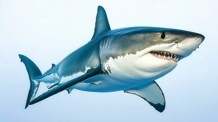 Great white shark underwater, close-up view, showing sharp teeth and powerful body.