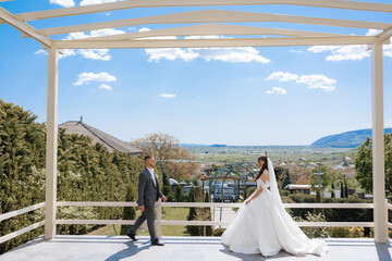 Couple in wedding attire poses against stunning countryside backdrop in daytime