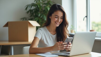 cheerful woman running an online business from home, using her phone and laptop