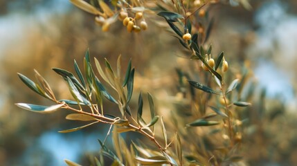 Close-up of Olive Branches with Ripening Fruit, Green Leaves, and Golden Tones Creating a Serene Mediterranean Aesthetic