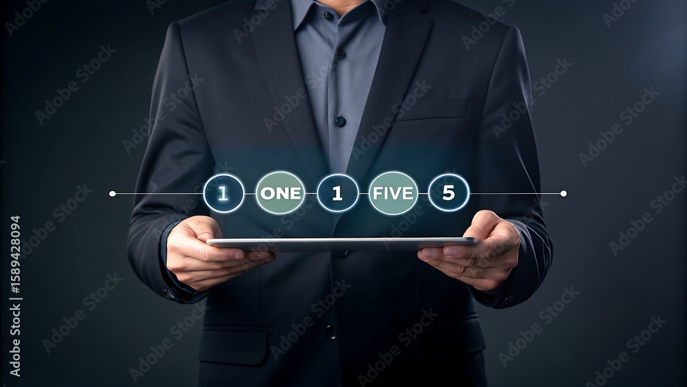 Poster professional man using digital tablet displaying numeric progress, showing one, one, and five, digit