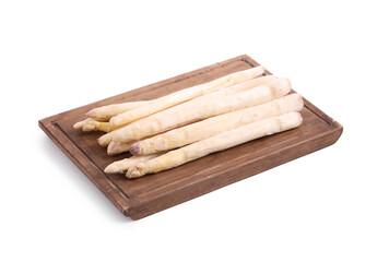 Many raw asparagus spears isolated on white