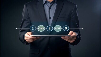 Professional Man Using Digital Tablet Displaying Numeric Progress, Showing One, One, and Five, Digital Growth.