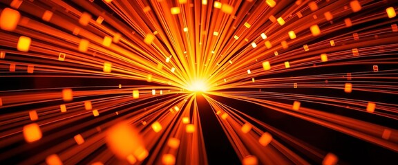 Close-up of glowing fiber optic cables radiating outward from a central point,  light,  transmission