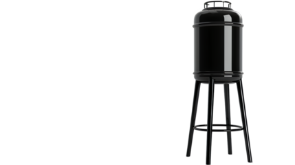 Black Cylindrical Tank on Metal Stand Against Transparent Background