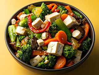A vibrant bowl of stir-fried tofu and vegetables, including broccoli, carrots, bell peppers, snow peas, and mushrooms.  Seasoned well and ready to eat
