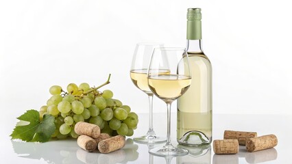 Two Glasses of White Wine with Grapes and Bottle Still Life Photography, keyword1 White Wine, keyword2 Still Life