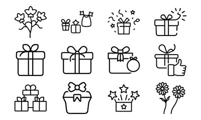 Hand Drawn Gift Box And Celebration Icon Set – Minimal Line Art Style Present, Gift Giving, Flower And Star Icons For Holiday, B (14)
