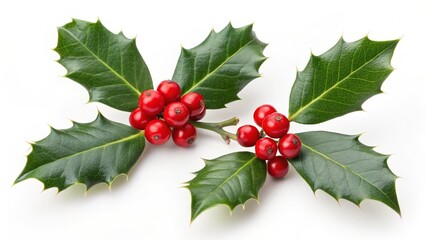 Two Holly Sprigs with Red Berries Close-up, Christmas Decoration, Festive, White Background, Ilex Aquifolium Christmas, Holly Berries