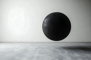 Abstract black sphere floating in a white room with concrete floor for modern art concept