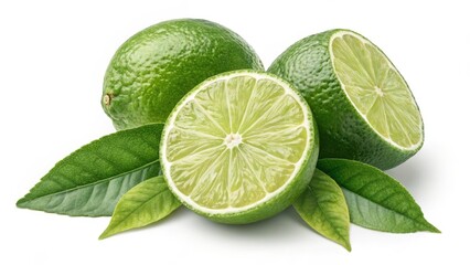 Two Limes and a Half with Leaves Close-up Photography, Food Photography, Citrus Fruit, Lime, Green, Fresh, Healthy